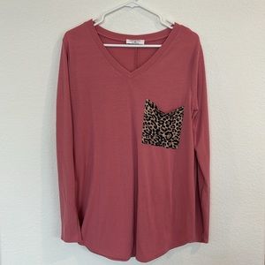 Zenana Long Sleeve V Neck Top with Leopard Print Pocket